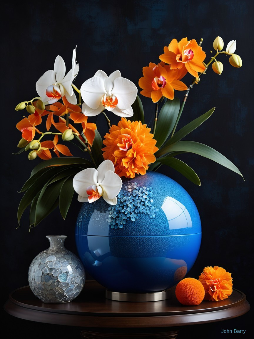 Vibrant Floral Arrangement in Blue Vase with Accents