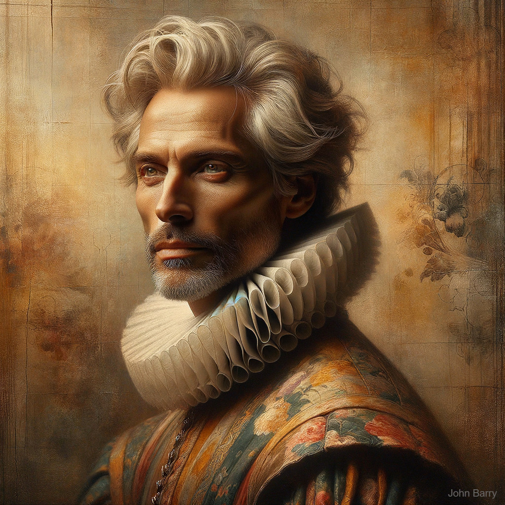 Regal figure with silver hair in classical portrait style
