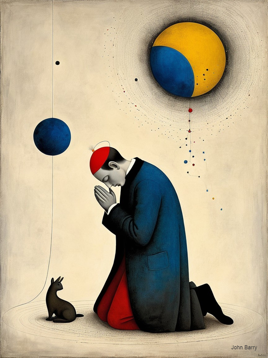 Man in Blue Suit Praying with Rabbit and Celestial Spheres