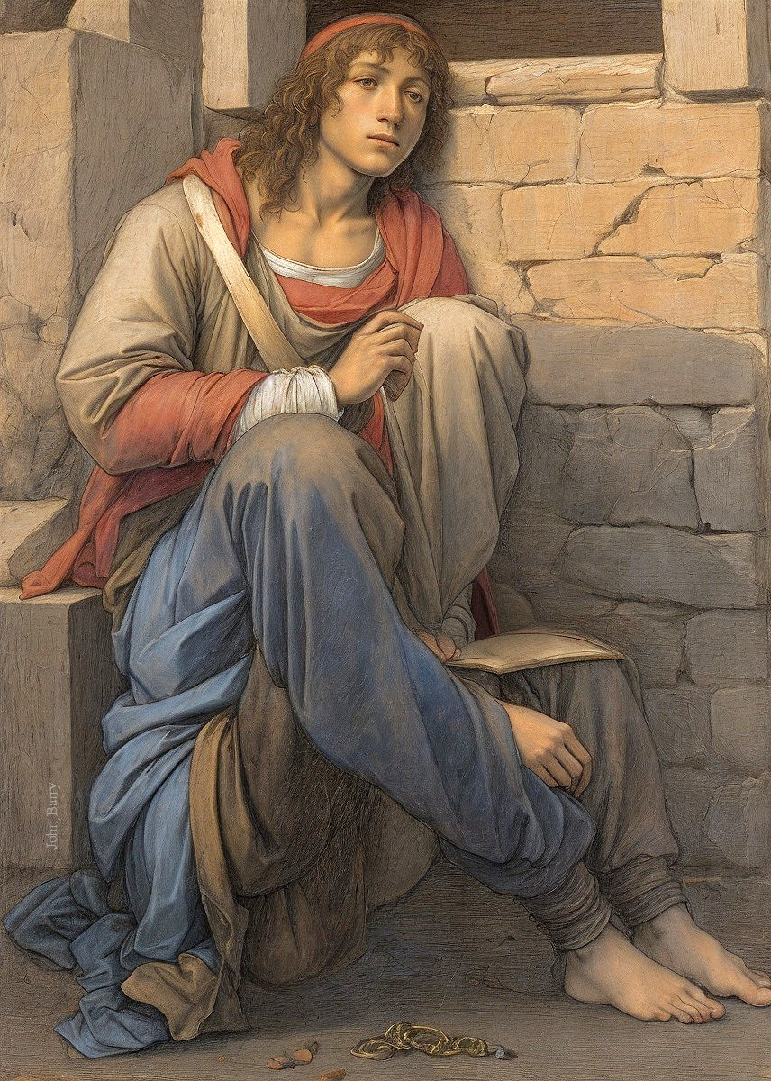 Young man in colorful garments by a stone wall