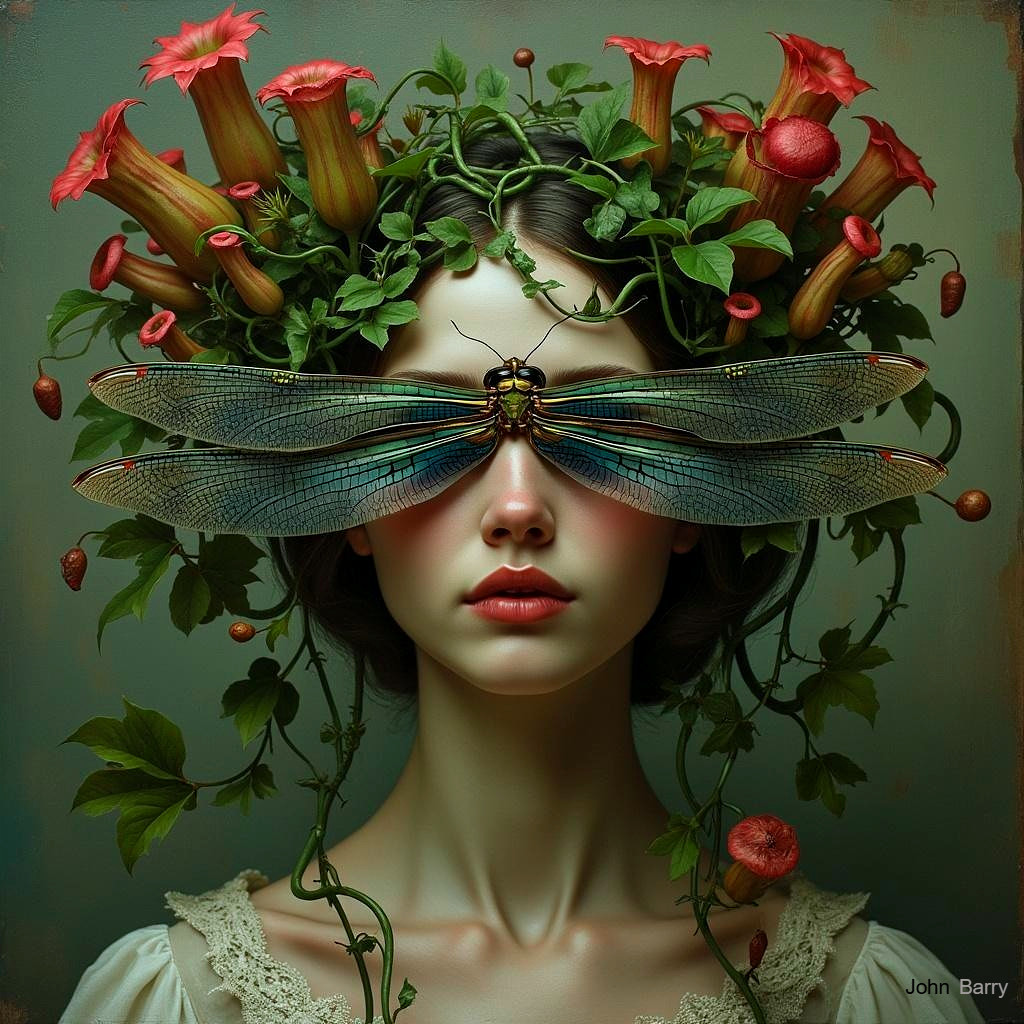 Surreal Portrait of Woman with Flower Crown and Wings