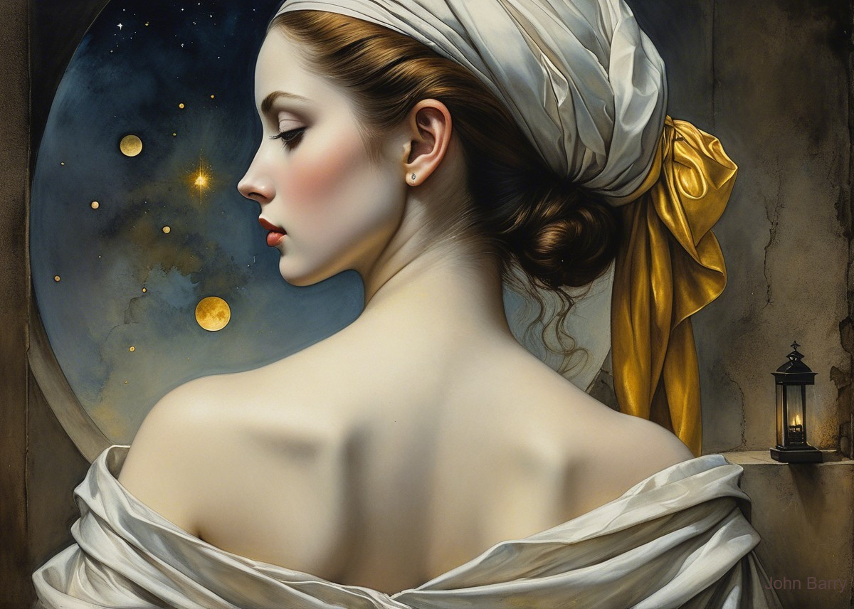 Profile of a Serene Woman Against a Cosmic Backdrop