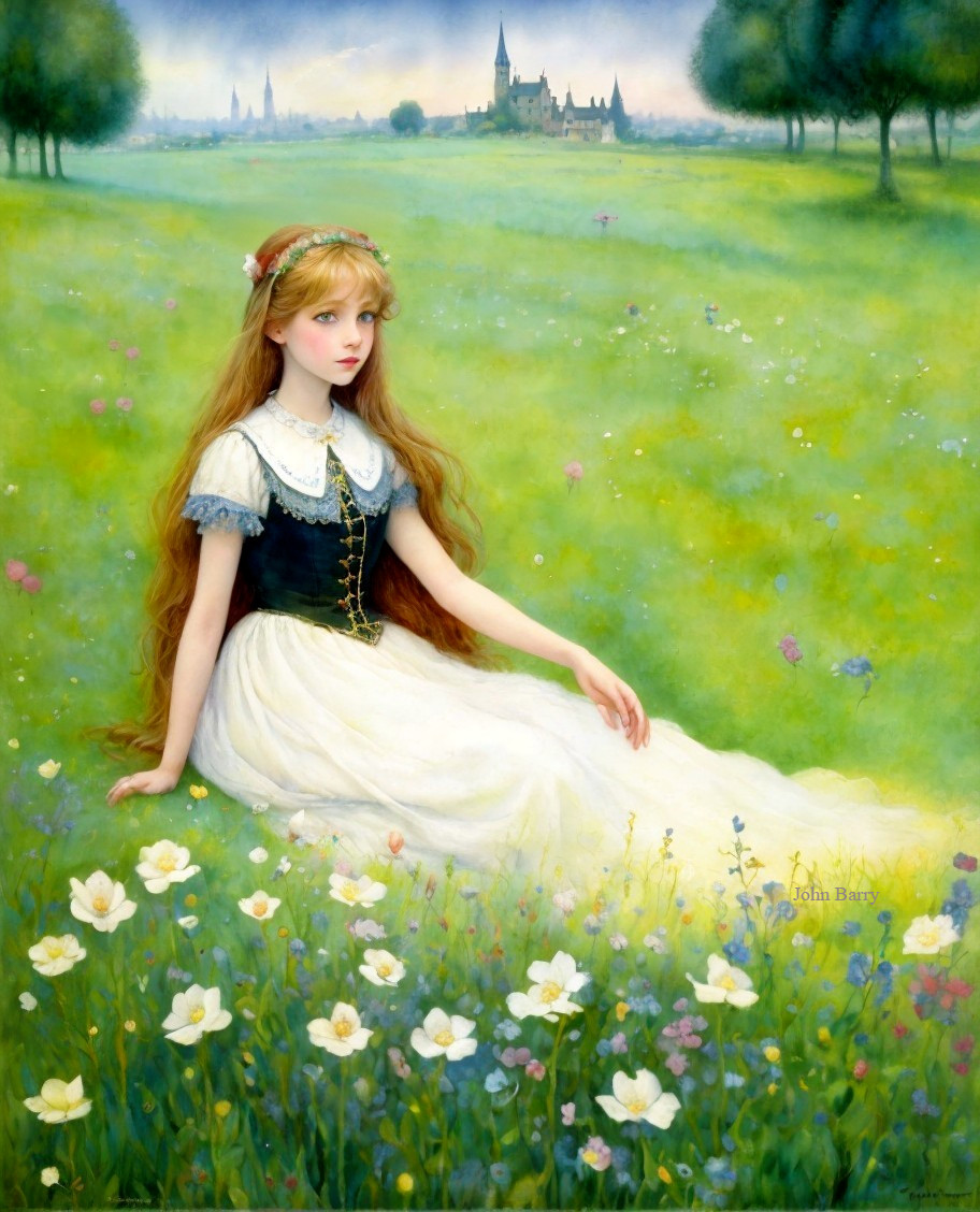 Young girl in meadow with castle and wildflowers