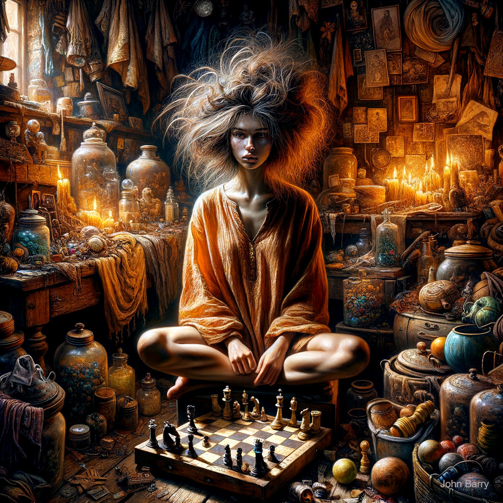 Young Woman in a Magical Room Playing Chess
