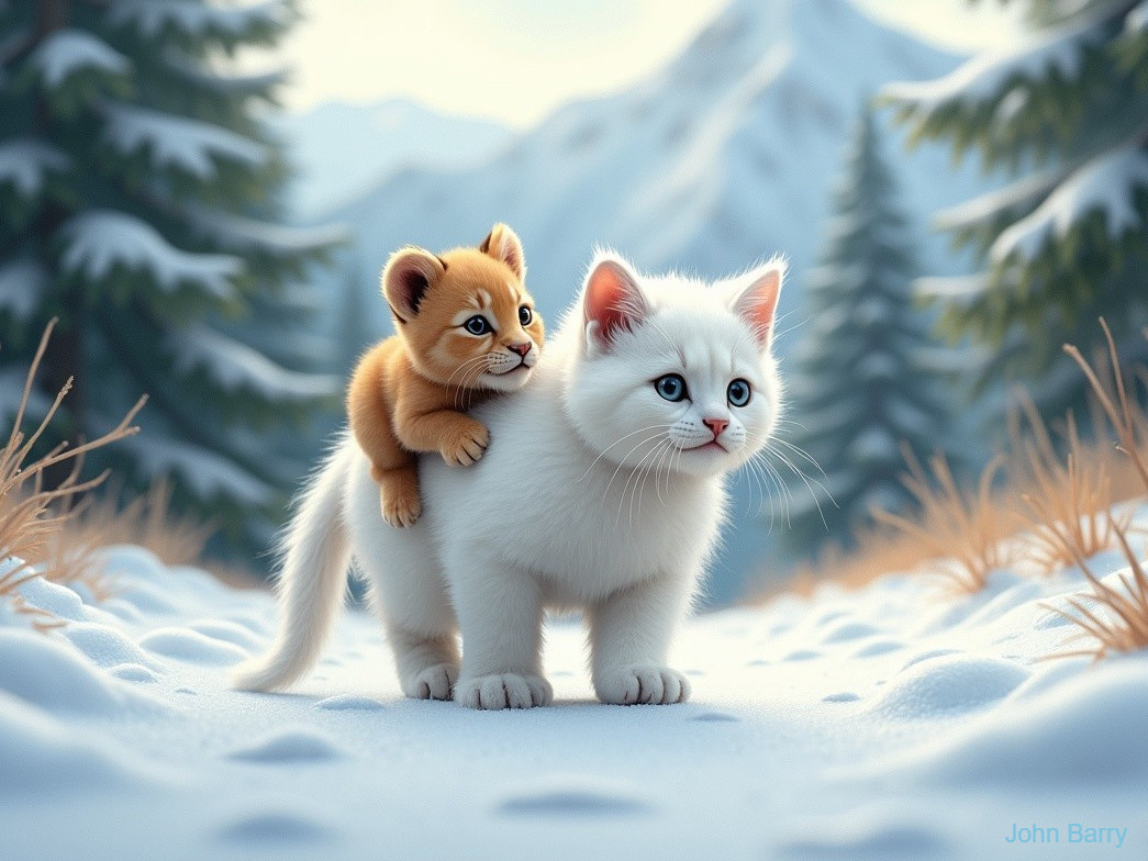 Fluffy Cat and Brown Cub in Snowy Landscape