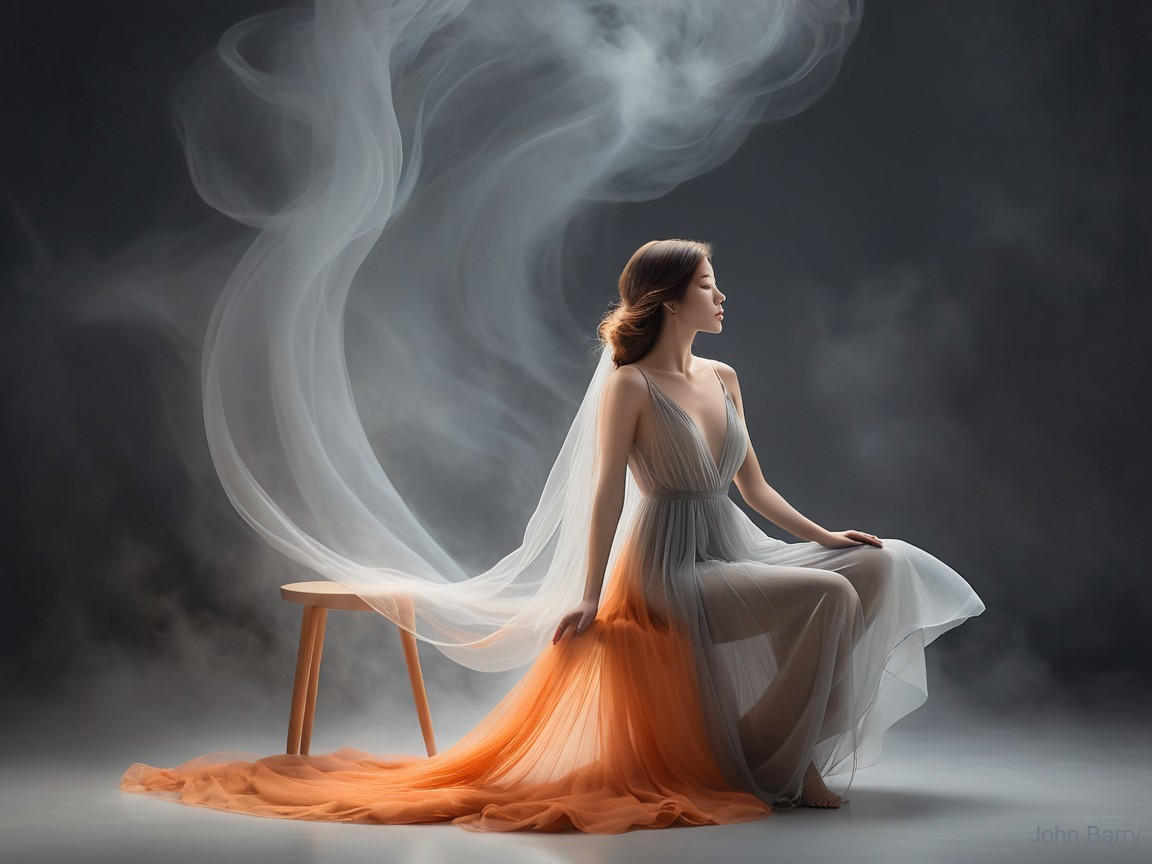 Graceful woman in ethereal gown with soft smoke backdrop