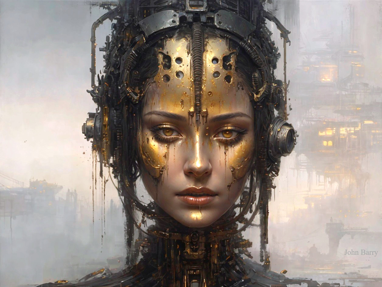 Futuristic humanoid figure with golden mechanical face
