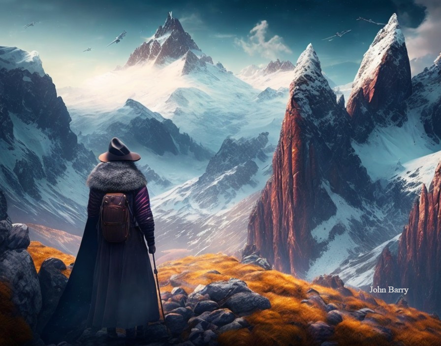 Person in Cloak Facing Snowy Mountains and Blue Sky