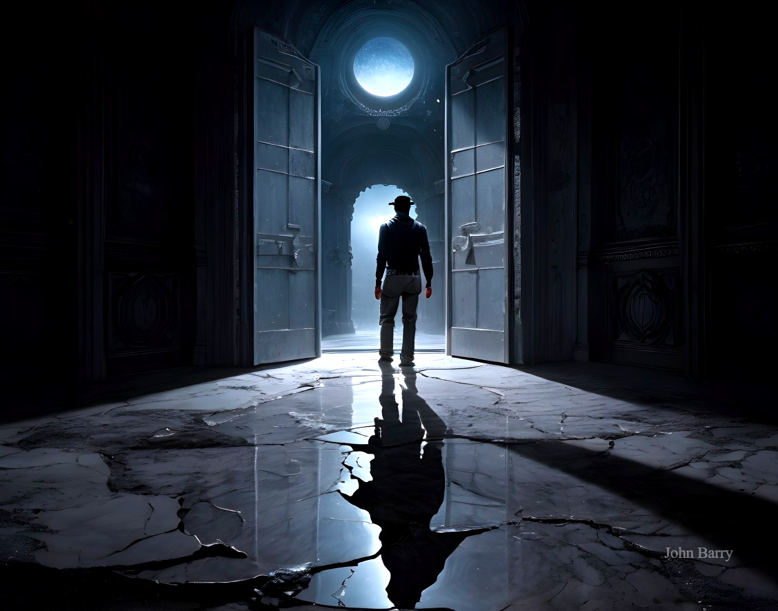 Silhouette at Ornate Doorway Under Moonlight