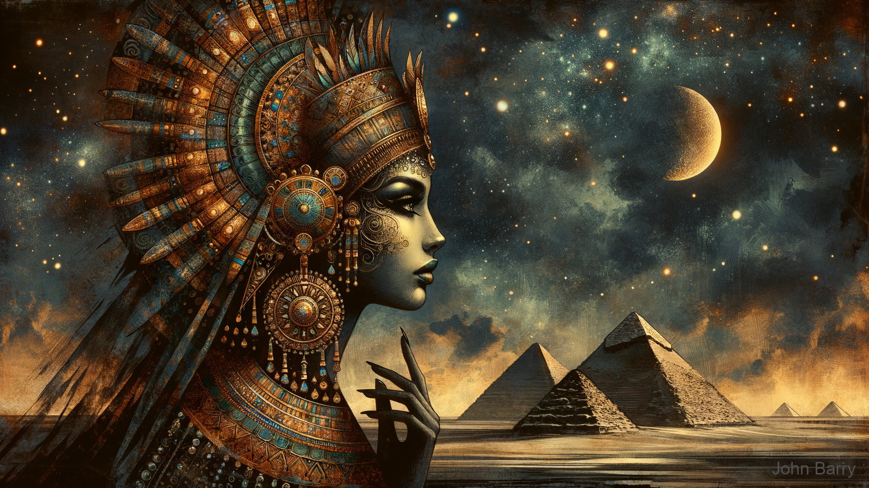 Regal Figure with Jewelry Against Cosmic Backdrop