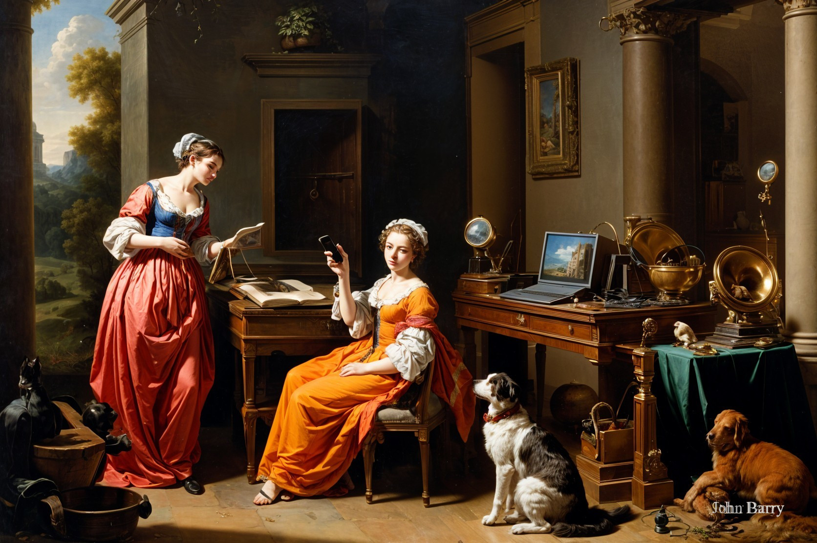 Elegant Women in Antique Interior with Curiosities