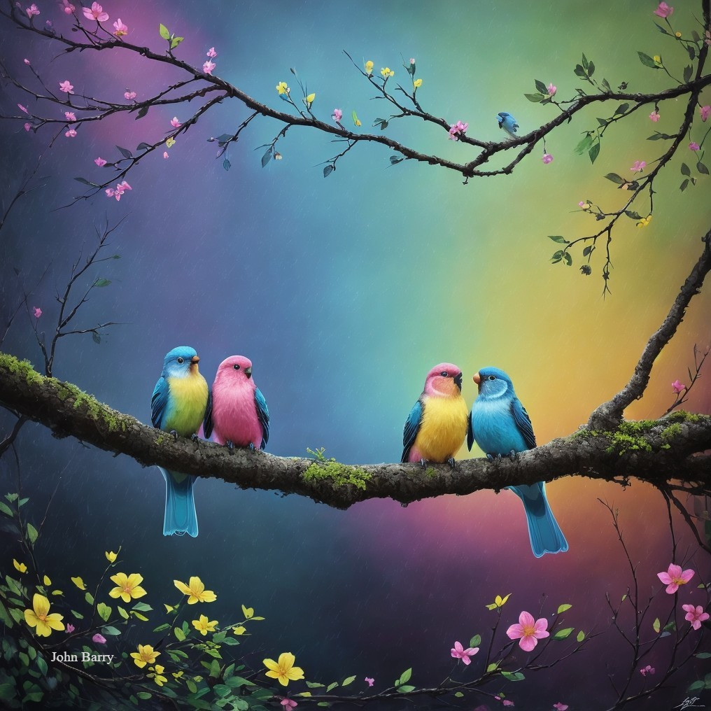 Colorful Birds on Mossy Branch with Flowers and Rainbow