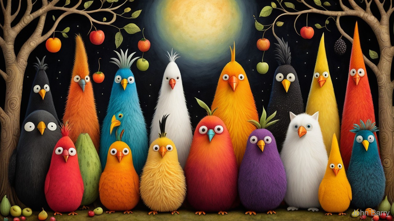 Colorful Cartoonish Birds Under a Luminous Moon
