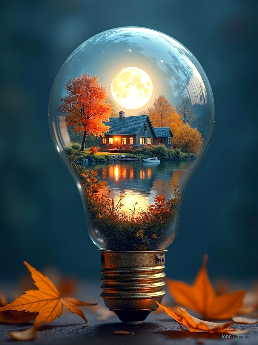 Light Bulb with Serene Autumn Landscape Inside