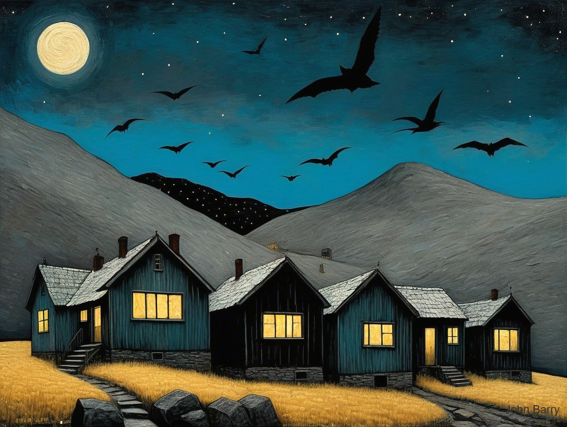 Serene night scene with cozy houses and full moon