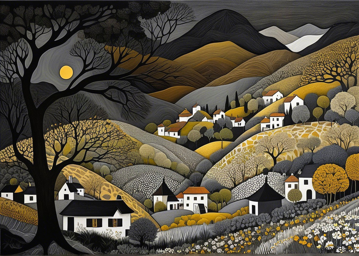 Serene Landscape with Rolling Hills and Quaint Houses