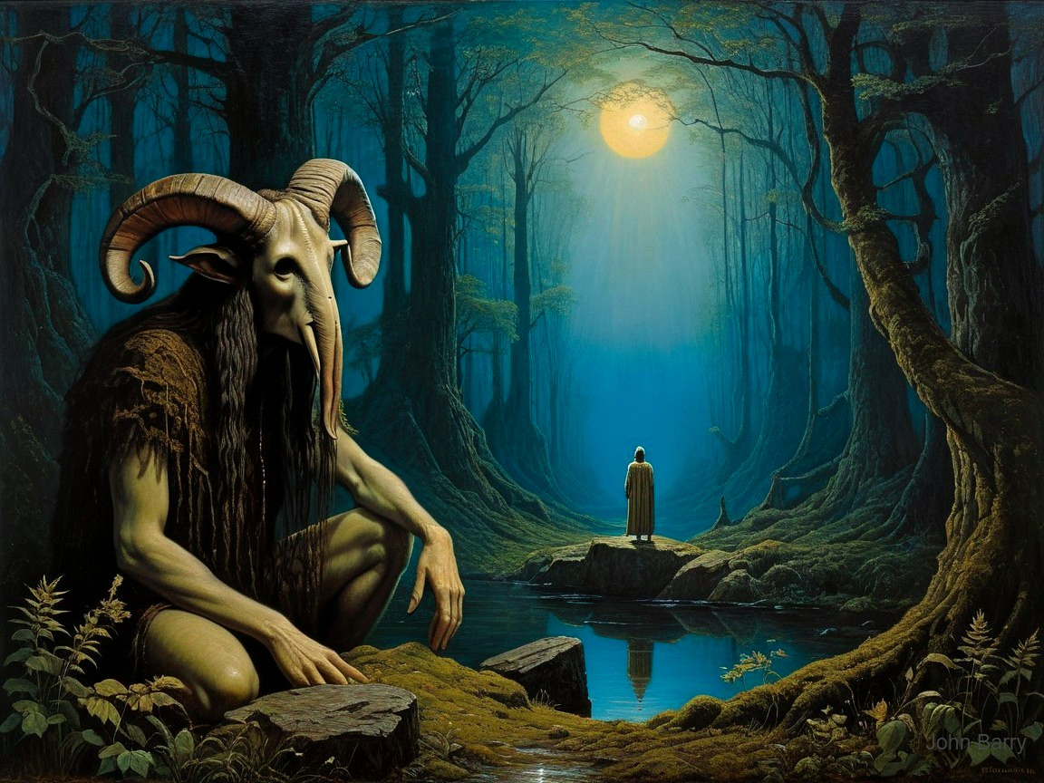 Mystical Forest Scene with Horned Creature and Figure