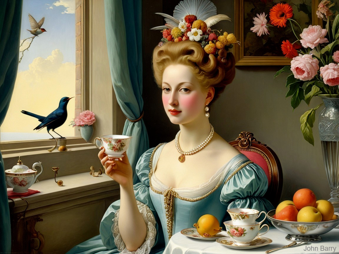 Graceful Woman in Blue Dress at Table with Teacups