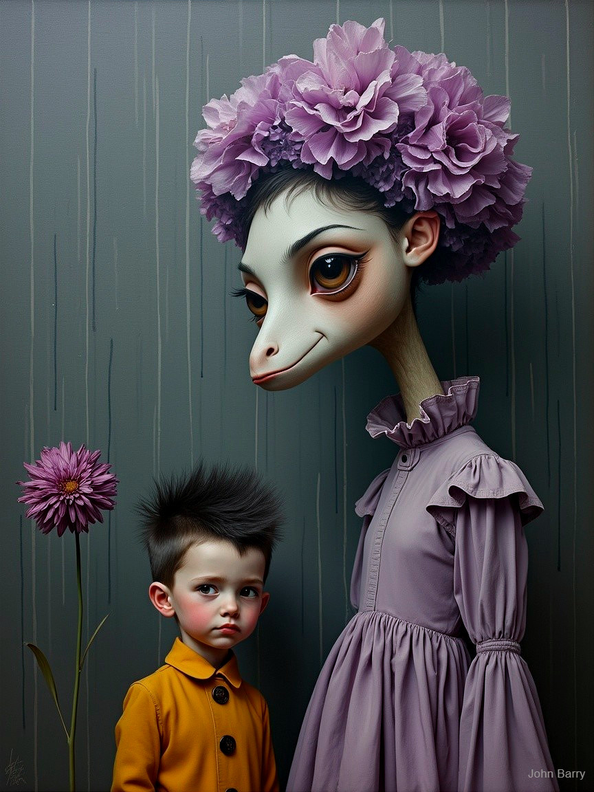 Whimsical Scene with Ostrich and Child in Unique Attire