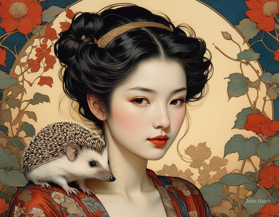 Young Woman with Hedgehog in Floral Background