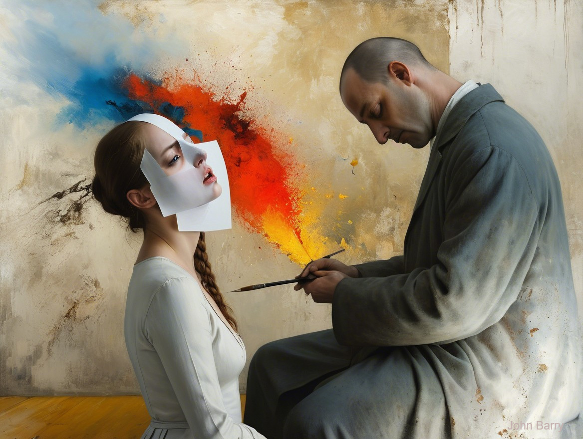 Surreal Scene of Masked Woman and Colorful Artist