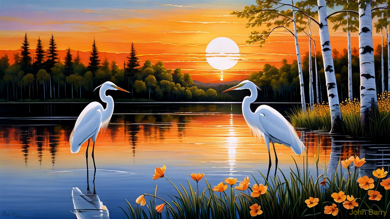 Serene Landscape with Herons at Sunset Over Lake