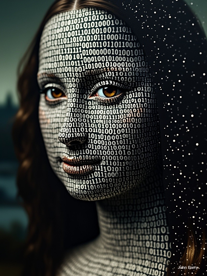 Portrait of a Woman with Binary Code Overlay