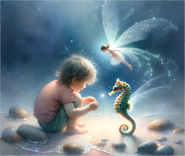 Child interacting with seahorse and fairy on glowing beach