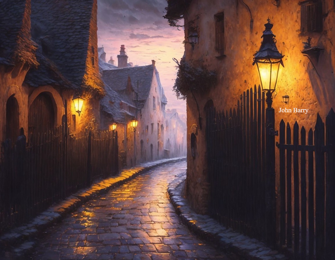 Charming Cobblestone Street in Quaint Village at Dusk