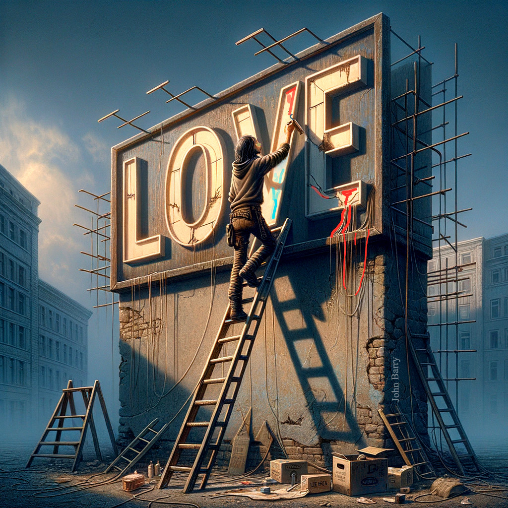 Urban Scene of a Figure Painting a "LOVE" Sign