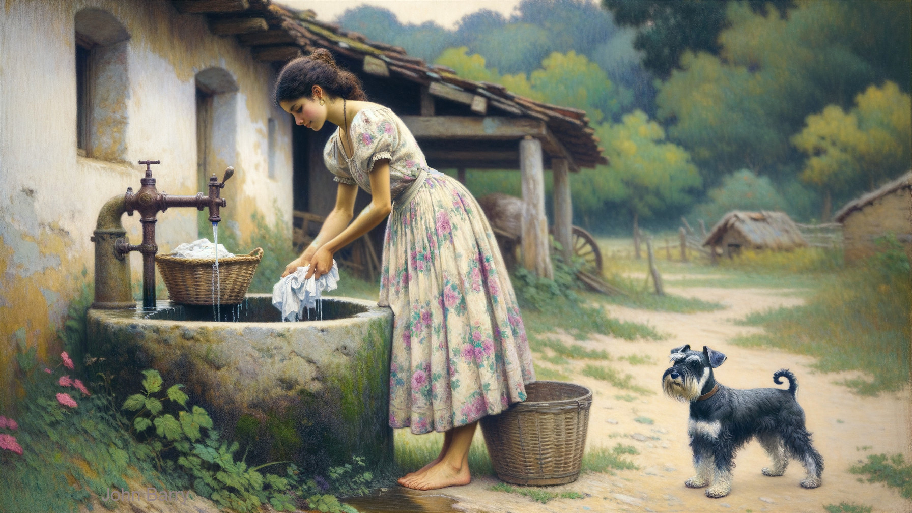 Young Woman Washing Clothes at a Stone Well