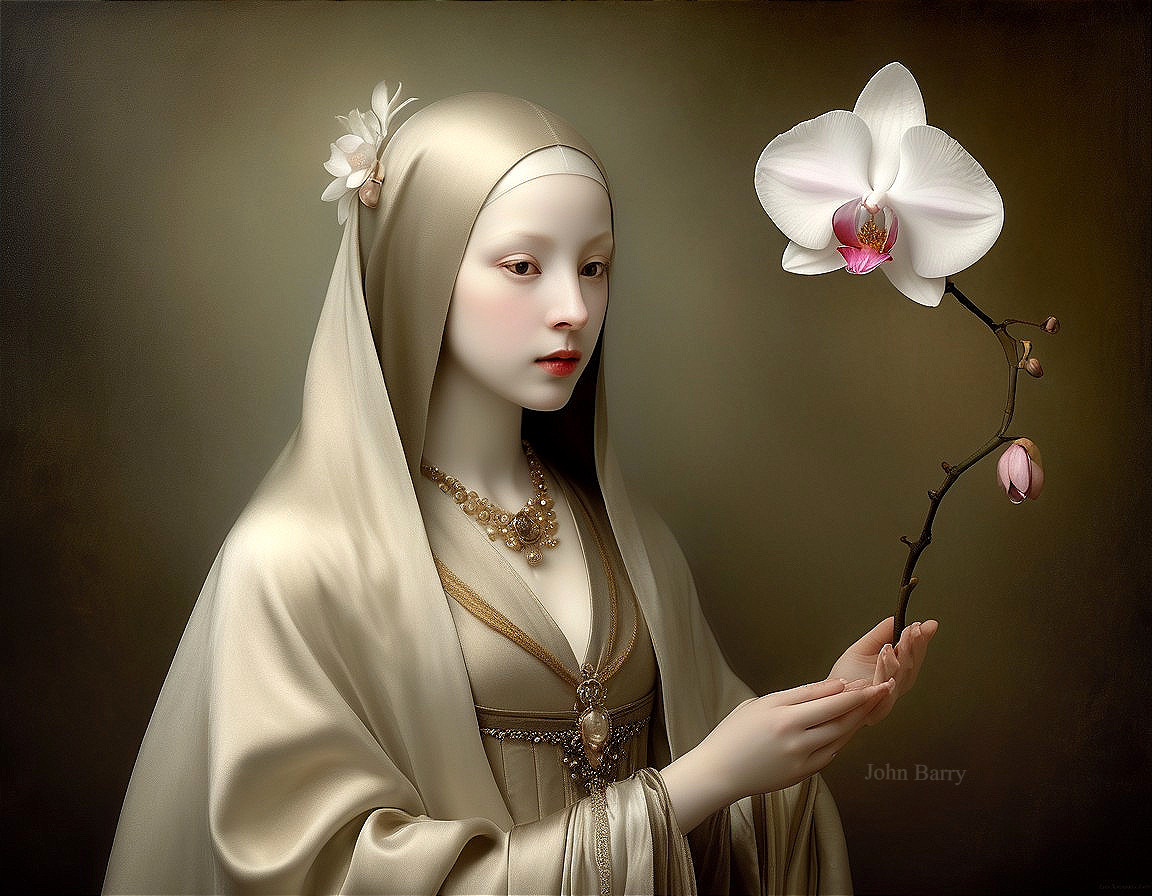 Serene Figure in Flowing Fabric with Orchid Flower