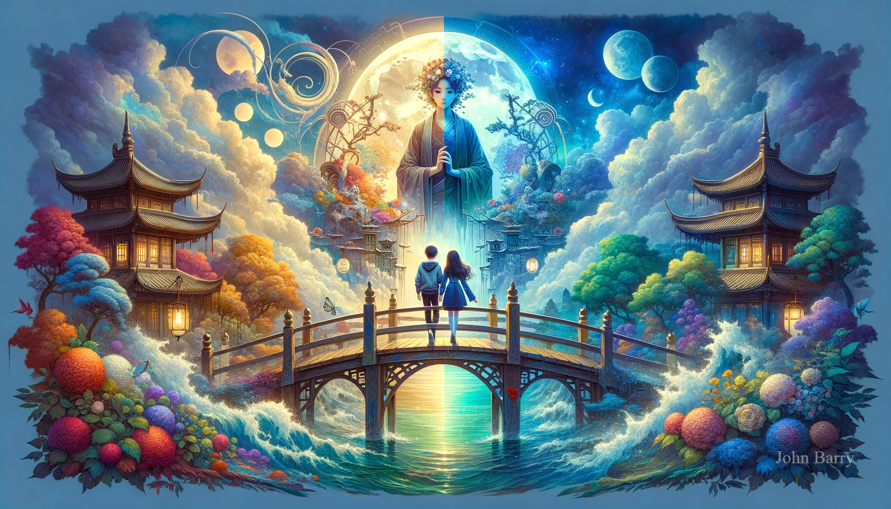 Serene Fantasy Landscape with Figures and Majestic Statue