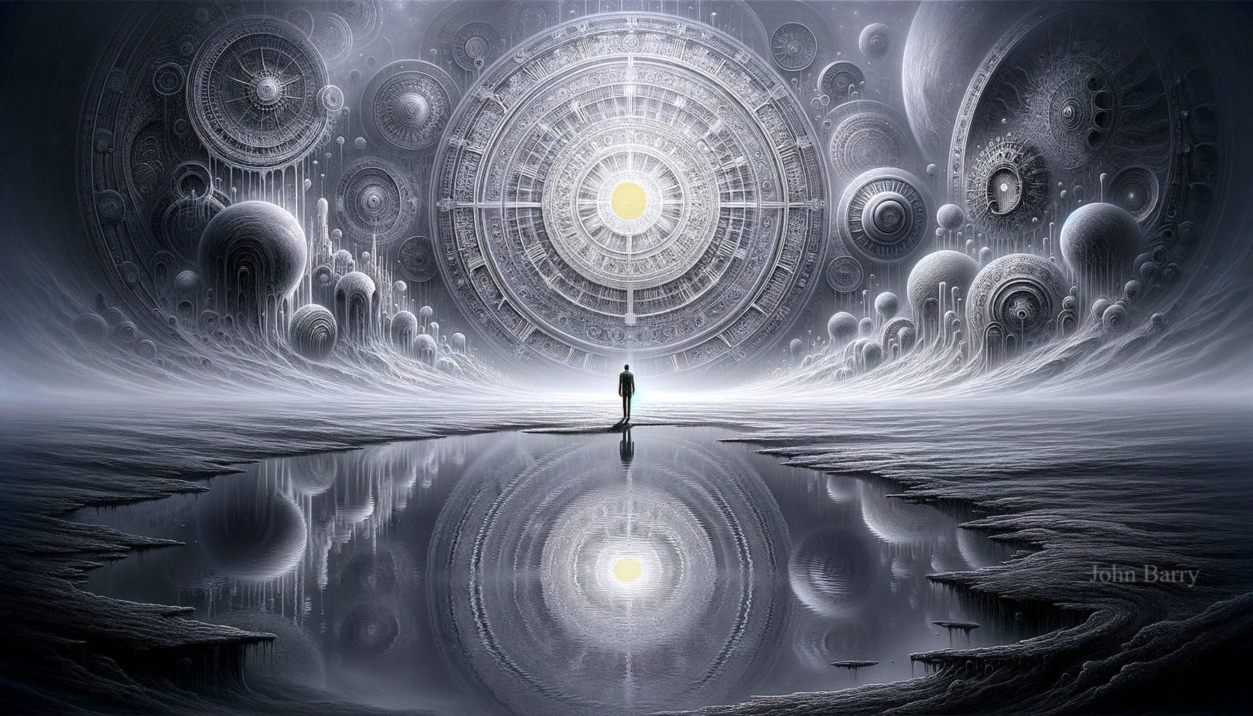 Surreal Landscape with Reflective Surface and Geometric Patterns