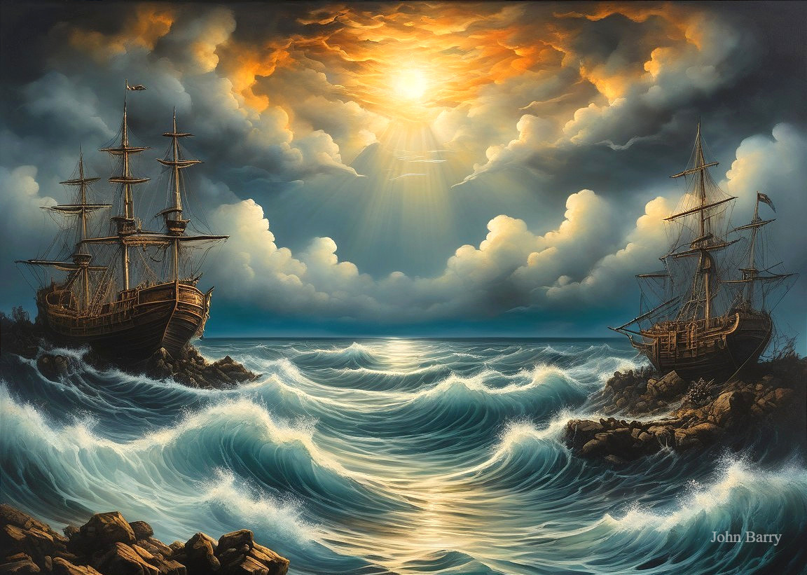 Dramatic Maritime Scene with Ships and Turbulent Waters