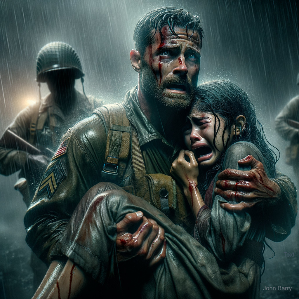 Soldier Protects Young Girl on Rain-Soaked Battlefield