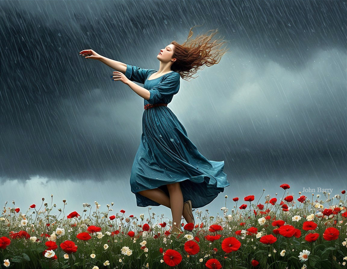 Woman in blue dress dances in poppy field with storms
