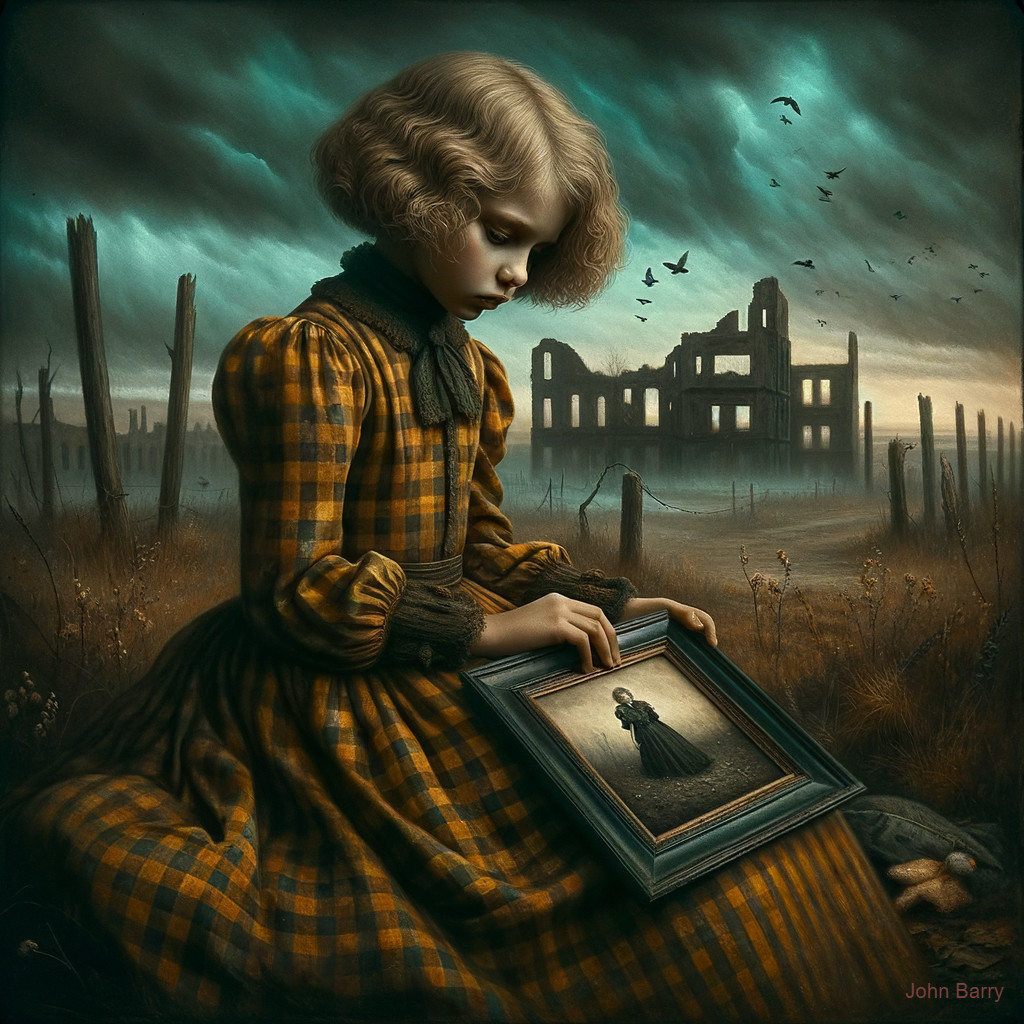 Young girl in yellow dress amidst faded ruins