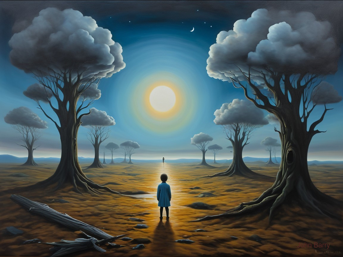 Surreal Landscape with Child and Glowing Sun