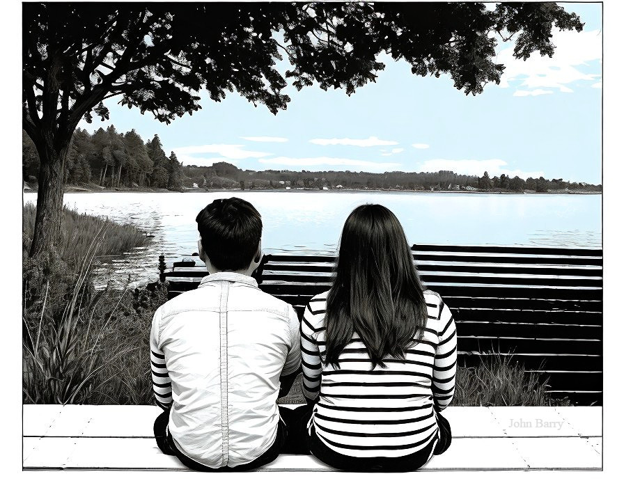 Serene Lakeside Scene with People on a Bench