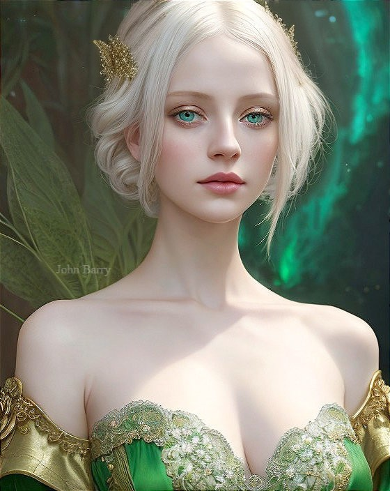 Ethereal Fairy-Like Woman in Green Gown and Nature