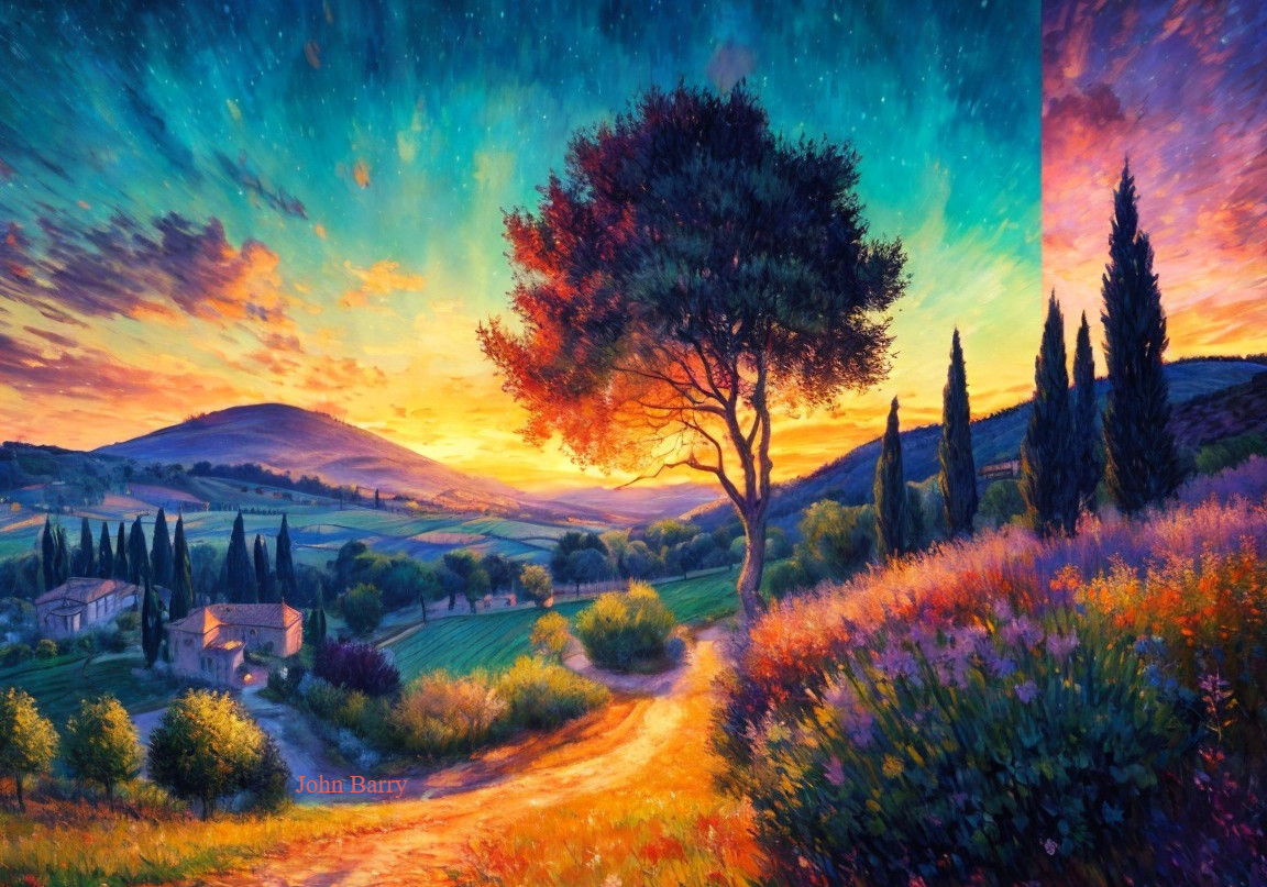 Vibrant Landscape Under Colorful Sunset and Majestic Tree