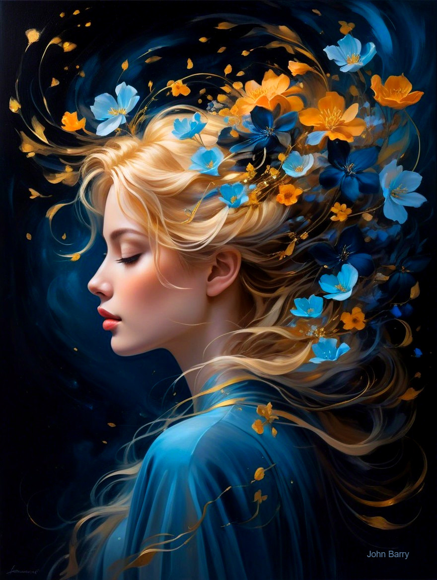 Serene Woman Profile with Flowing Hair and Flowers