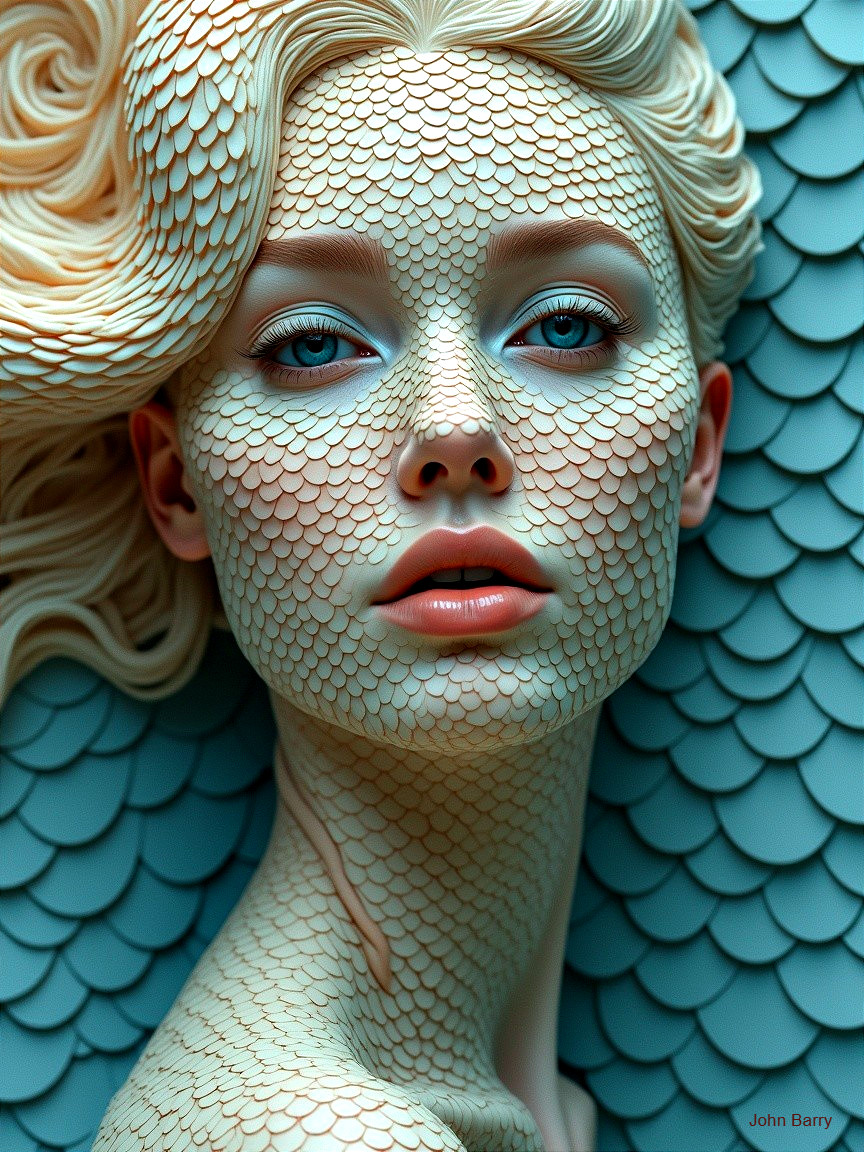 Woman with textured scale-like skin and blue eyes