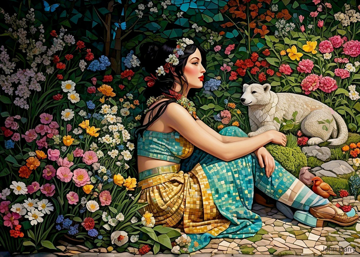 Young Woman in Vibrant Outfit in Lush Garden