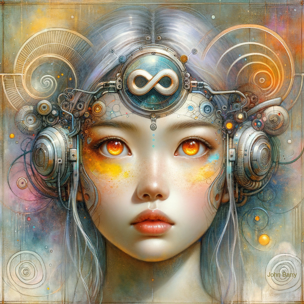 Futuristic female figure with cybernetic features