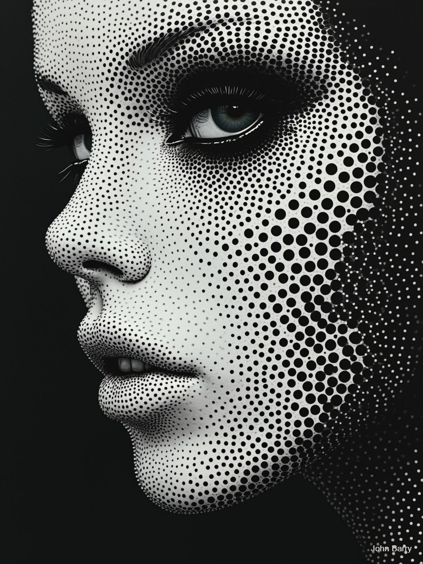 Black and White Portrait of a Woman in Dot Patterns