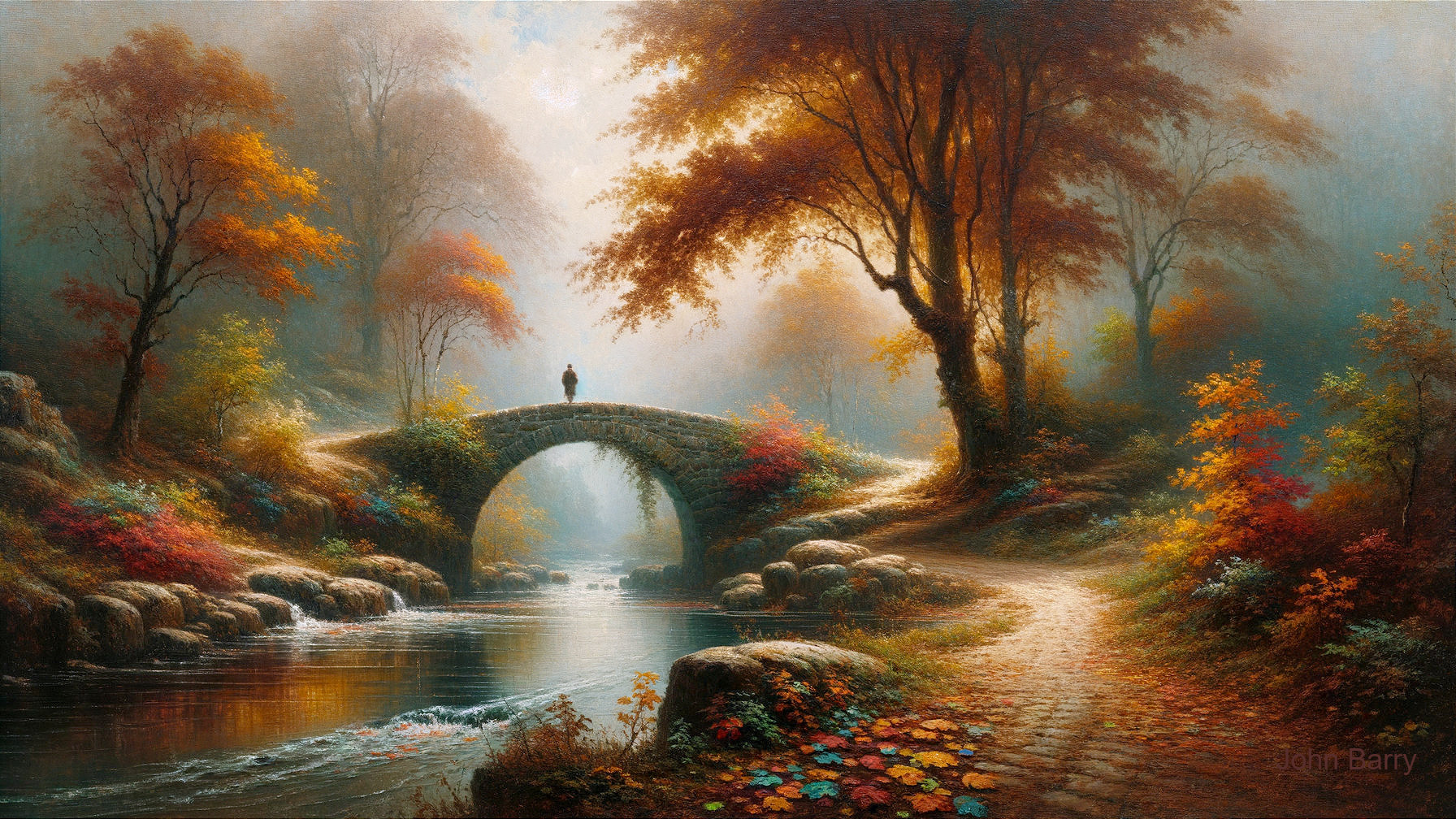 Serene Autumn Landscape with Stone Bridge and River
