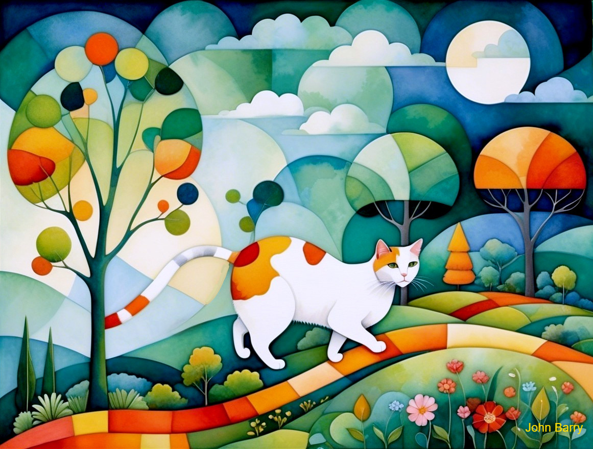 Abstract Landscape with Cat and Colorful Foliage