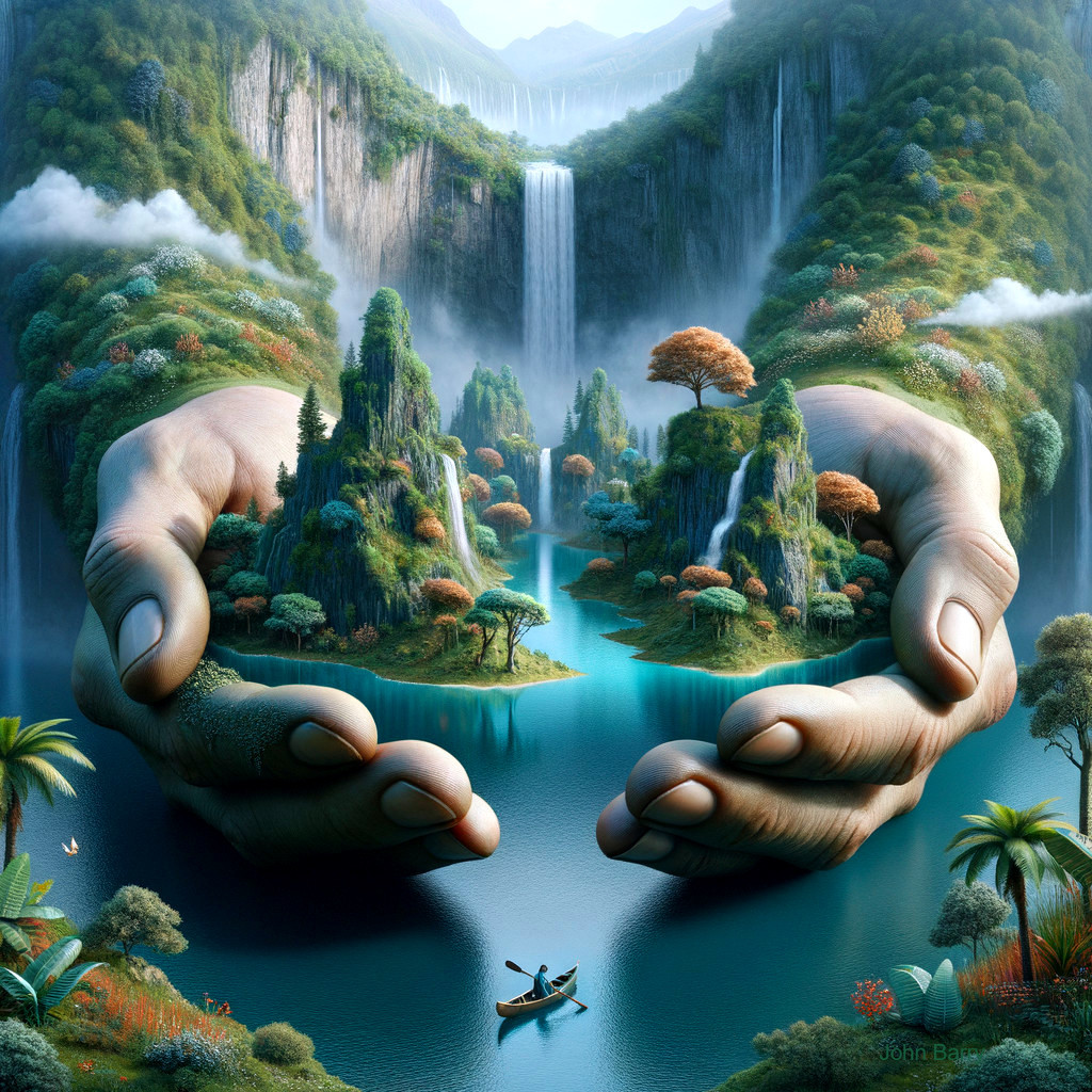 Surreal Landscape with Hands, Waterfalls, and Lake